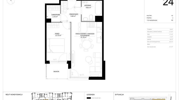 Rzut - Mieszkanie na sprzedaż 2 pokoje o powierzchni 46,41 m² - numer 24 w SILO