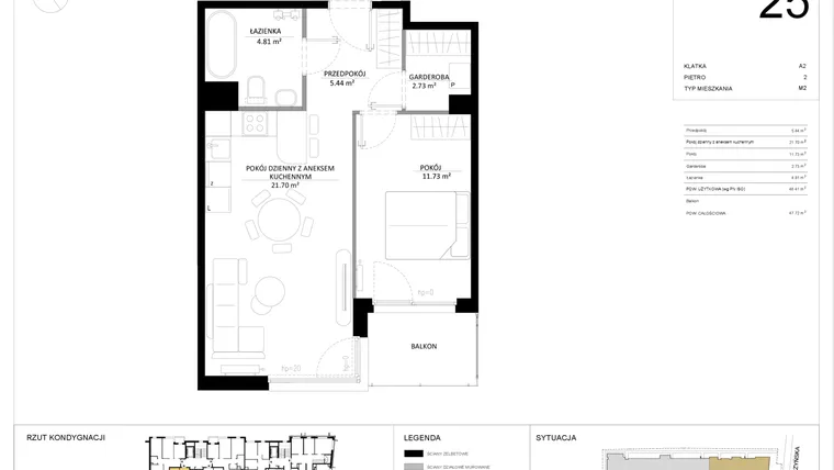 Rzut - Mieszkanie na sprzedaż 2 pokoje o powierzchni 46,41 m² - numer 25 w SILO