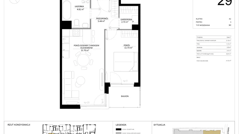 Rzut - Mieszkanie na sprzedaż 2 pokoje o powierzchni 46,41 m² - numer 29 w SILO