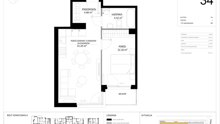 Rzut - Mieszkanie na sprzedaż 2 pokoje o powierzchni 42,34 m² - numer 34 w SILO