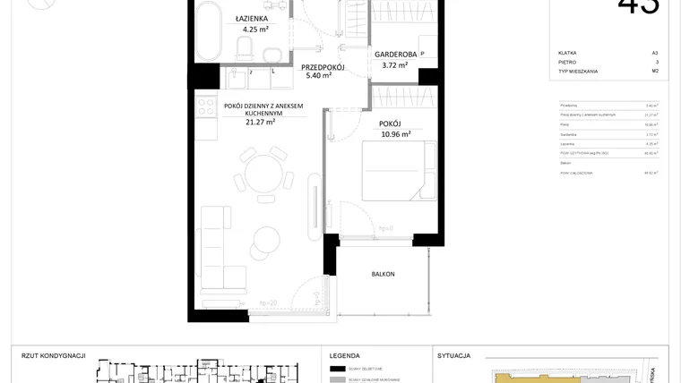 Rzut - Mieszkanie na sprzedaż 2 pokoje o powierzchni 45,6 m² - numer 43 w SILO