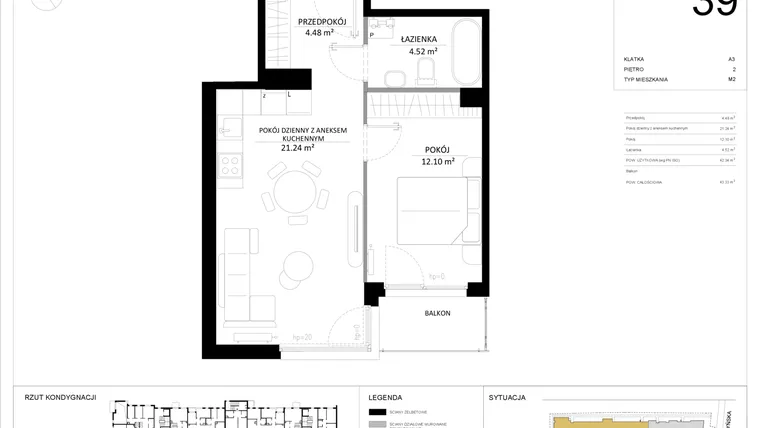 Rzut - Mieszkanie na sprzedaż 2 pokoje o powierzchni 42,34 m² - numer 39 w SILO
