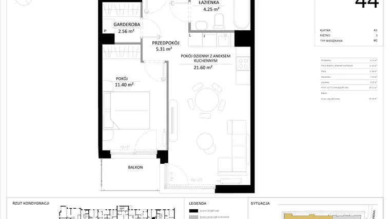 Rzut - Mieszkanie na sprzedaż 2 pokoje o powierzchni 45,12 m² - numer 44 w SILO