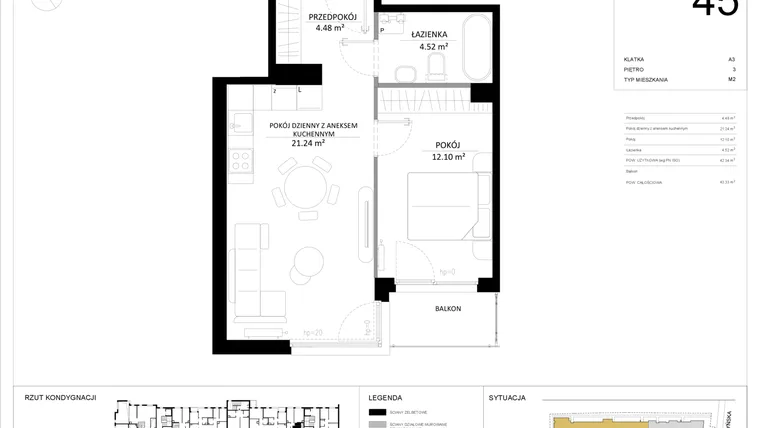 Rzut - Mieszkanie na sprzedaż 2 pokoje o powierzchni 42,34 m² - numer 45 w SILO