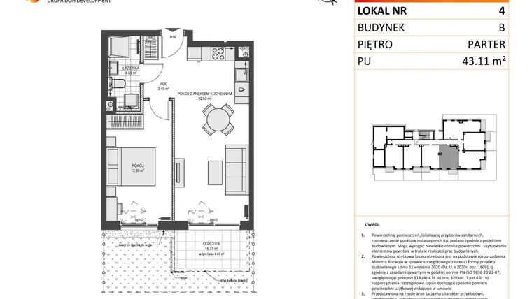 Rzut - Mieszkanie na sprzedaż 2 pokoje o powierzchni 43,11 m² - numer B4 w Przystań Brzeźno etap II