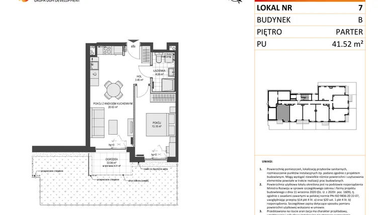 Rzut - Mieszkanie na sprzedaż 2 pokoje o powierzchni 41,52 m² - numer B7 w Przystań Brzeźno etap II