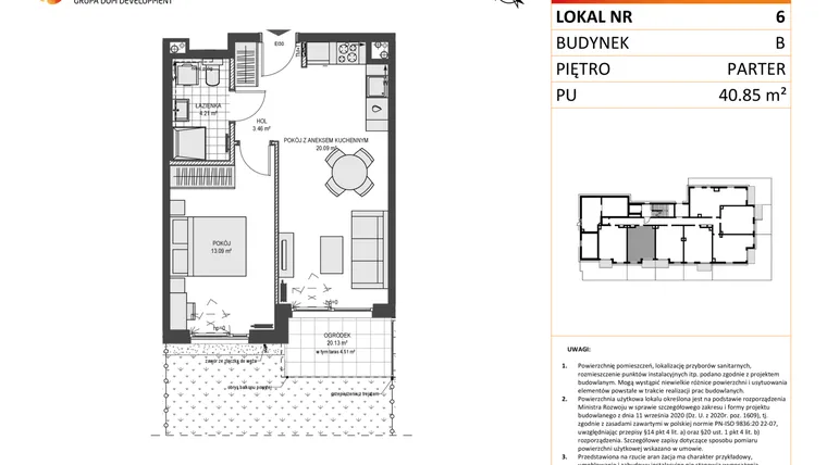 Rzut - Mieszkanie na sprzedaż 2 pokoje o powierzchni 40,85 m² - numer B6 w Przystań Brzeźno etap II