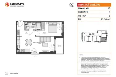 Rzut - Mieszkanie na sprzedaż 2 pokoje o powierzchni 43,34 m² - numer B10 w Przystań Brzeźno etap II