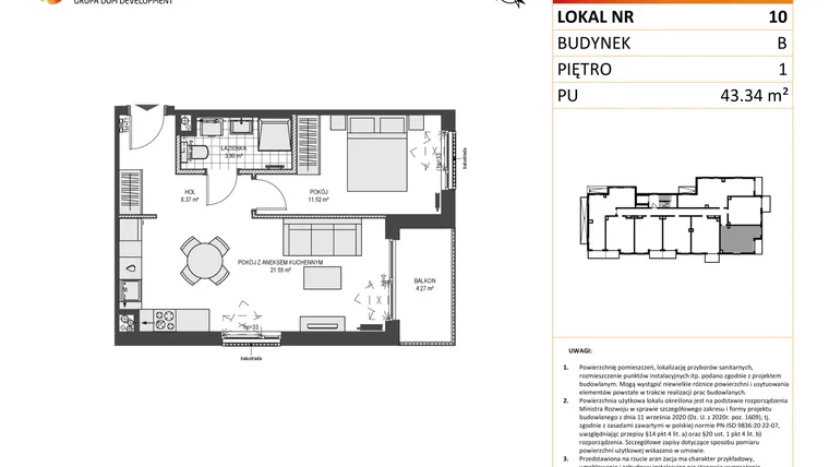 Rzut - Mieszkanie na sprzedaż 2 pokoje o powierzchni 43,34 m² - numer B10 w Przystań Brzeźno etap II