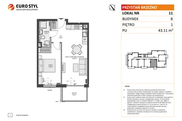 Rzut - Mieszkanie na sprzedaż 2 pokoje o powierzchni 43,11 m² - numer B11 w Przystań Brzeźno etap II