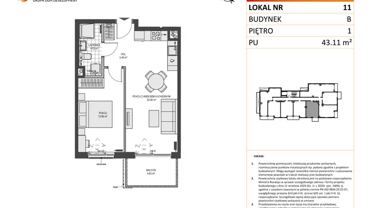 Rzut - Mieszkanie na sprzedaż 2 pokoje o powierzchni 43,11 m² - numer B11 w Przystań Brzeźno etap II