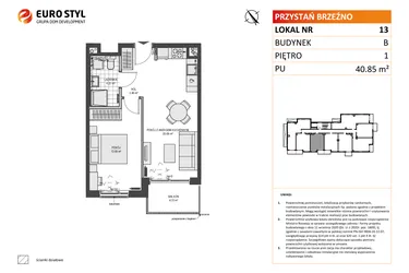 Rzut - Mieszkanie na sprzedaż 2 pokoje o powierzchni 40,85 m² - numer B13 w Przystań Brzeźno etap II
