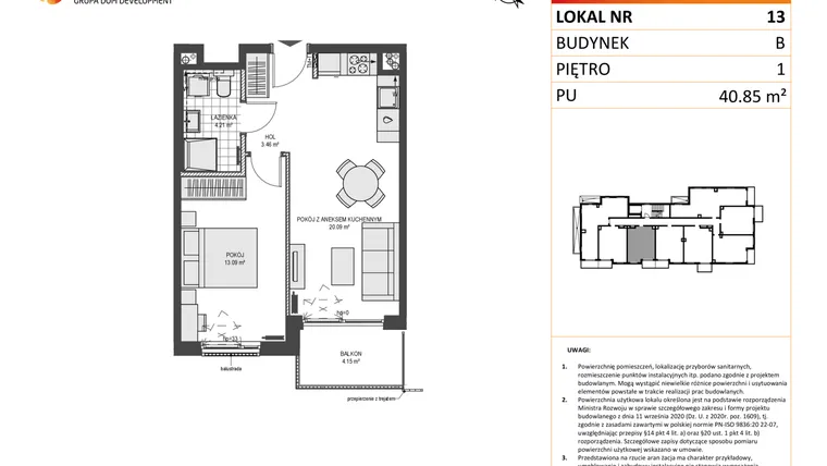 Rzut - Mieszkanie na sprzedaż 2 pokoje o powierzchni 40,85 m² - numer B13 w Przystań Brzeźno etap II