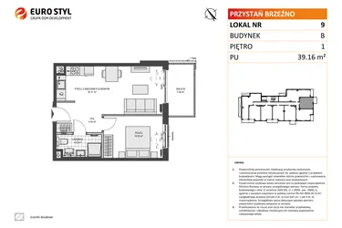 Rzut - Mieszkanie na sprzedaż 2 pokoje o powierzchni 39,16 m² - numer B9 w Przystań Brzeźno etap II