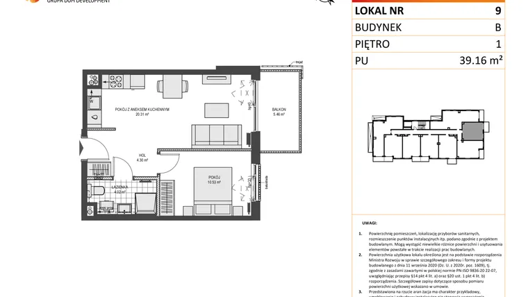Rzut - Mieszkanie na sprzedaż 2 pokoje o powierzchni 39,16 m² - numer B9 w Przystań Brzeźno etap II