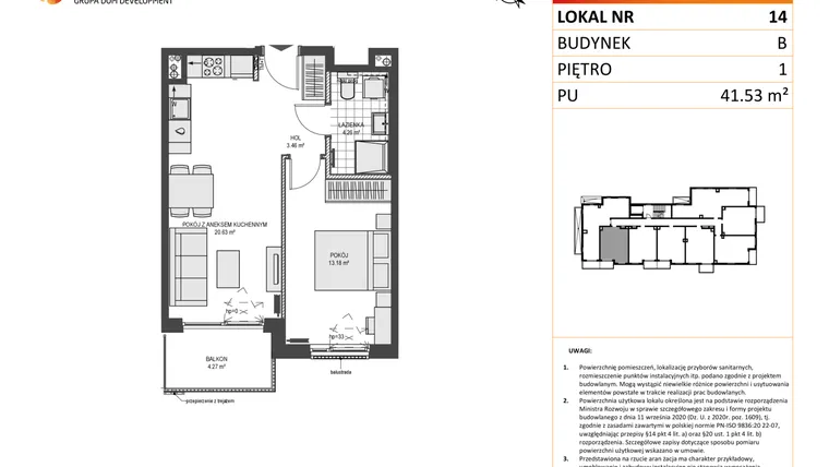 Rzut - Mieszkanie na sprzedaż 2 pokoje o powierzchni 41,53 m² - numer B14 w Przystań Brzeźno etap II