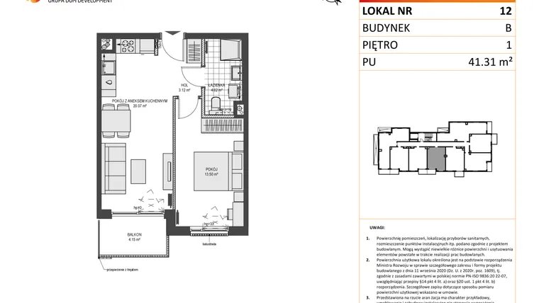 Rzut - Mieszkanie na sprzedaż 2 pokoje o powierzchni 41,31 m² - numer B12 w Przystań Brzeźno etap II