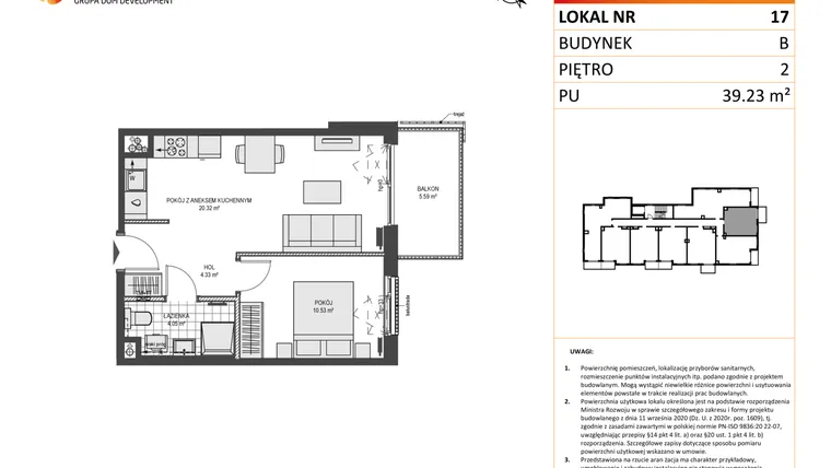 Rzut - Mieszkanie na sprzedaż 2 pokoje o powierzchni 39,23 m² - numer B17 w Przystań Brzeźno etap II