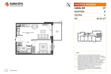 Rzut - Mieszkanie na sprzedaż 2 pokoje o powierzchni 39,23 m² - numer B17 w Przystań Brzeźno etap II