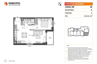 Rzut - Mieszkanie na sprzedaż 2 pokoje o powierzchni 43,31 m² - numer B18 w Przystań Brzeźno etap II