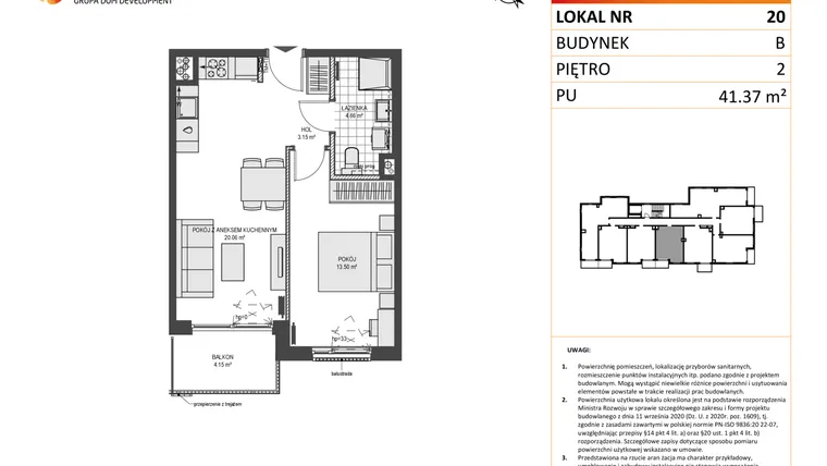 Rzut - Mieszkanie na sprzedaż 2 pokoje o powierzchni 41,37 m² - numer B20 w Przystań Brzeźno etap II