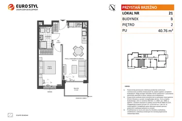 Rzut - Mieszkanie na sprzedaż 2 pokoje o powierzchni 40,76 m² - numer B21 w Przystań Brzeźno etap II