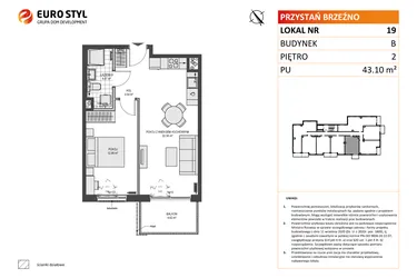 Rzut - Mieszkanie na sprzedaż 2 pokoje o powierzchni 43,1 m² - numer B19 w Przystań Brzeźno etap II