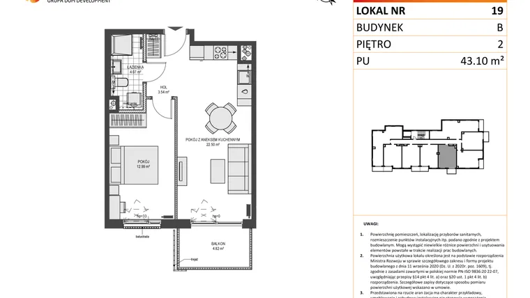 Rzut - Mieszkanie na sprzedaż 2 pokoje o powierzchni 43,1 m² - numer B19 w Przystań Brzeźno etap II