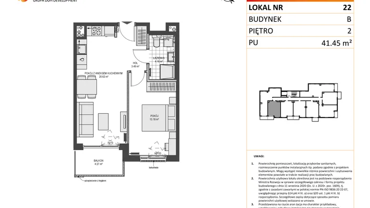 Rzut - Mieszkanie na sprzedaż 2 pokoje o powierzchni 41,45 m² - numer B22 w Przystań Brzeźno etap II