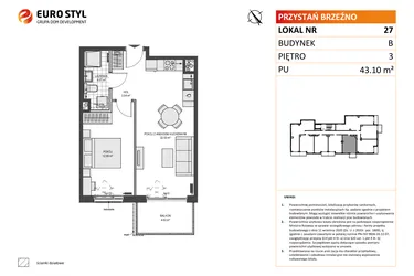 Rzut - Mieszkanie na sprzedaż 2 pokoje o powierzchni 43,1 m² - numer B27 w Przystań Brzeźno etap II