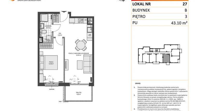 Rzut - Mieszkanie na sprzedaż 2 pokoje o powierzchni 43,1 m² - numer B27 w Przystań Brzeźno etap II