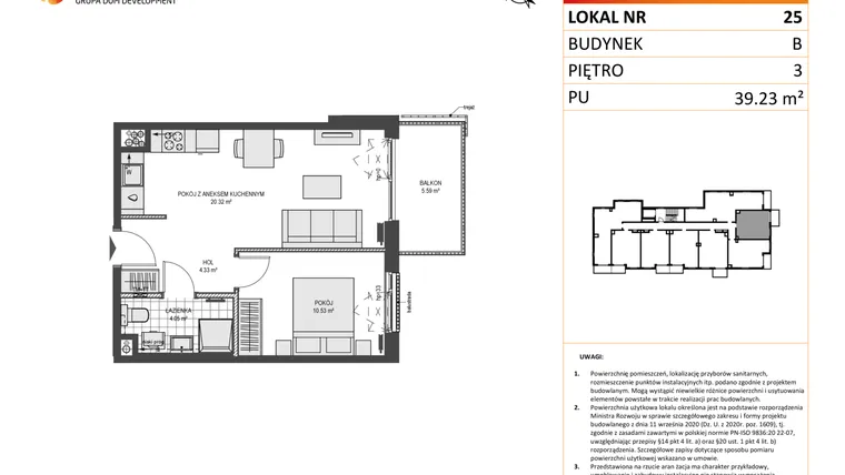 Rzut - Mieszkanie na sprzedaż 2 pokoje o powierzchni 39,23 m² - numer B25 w Przystań Brzeźno etap II