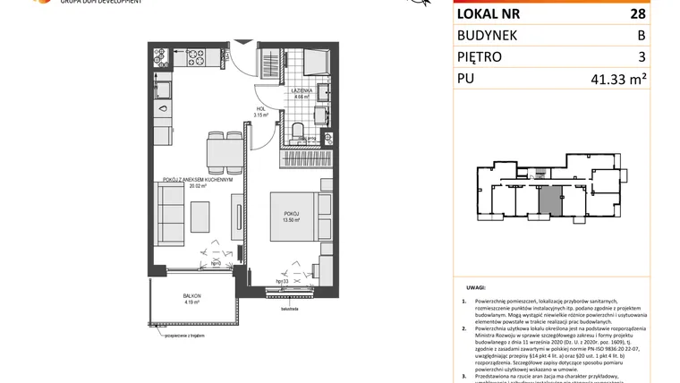 Rzut - Mieszkanie na sprzedaż 2 pokoje o powierzchni 41,33 m² - numer B28 w Przystań Brzeźno etap II