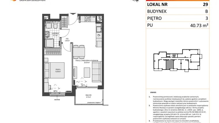 Rzut - Mieszkanie na sprzedaż 2 pokoje o powierzchni 40,73 m² - numer B29 w Przystań Brzeźno etap II