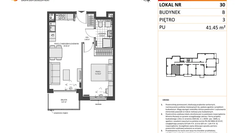 Rzut - Mieszkanie na sprzedaż 2 pokoje o powierzchni 41,45 m² - numer B30 w Przystań Brzeźno etap II