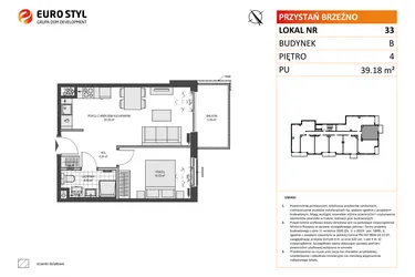 Rzut - Mieszkanie na sprzedaż 2 pokoje o powierzchni 39,18 m² - numer B33 w Przystań Brzeźno etap II