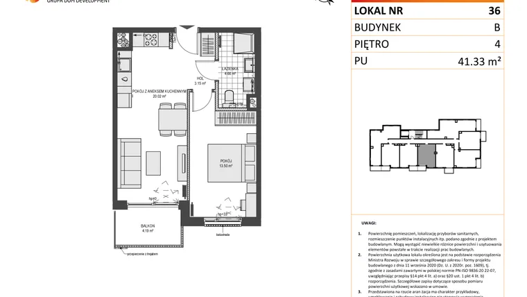 Rzut - Mieszkanie na sprzedaż 2 pokoje o powierzchni 41,33 m² - numer B36 w Przystań Brzeźno etap II