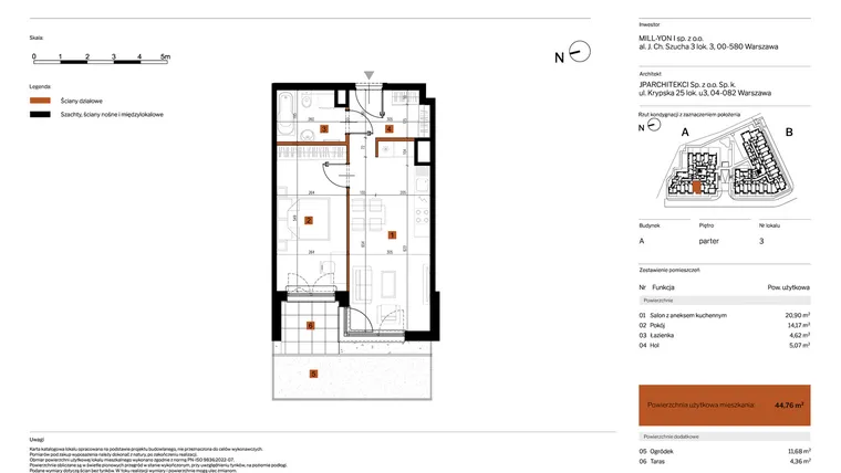 Rzut - Mieszkanie na sprzedaż 2 pokoje o powierzchni 44,76 m² - numer 3 w MY Głębocka