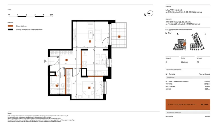 Rzut - Mieszkanie na sprzedaż 2 pokoje o powierzchni 45,25 m² - numer 37 w MY Głębocka