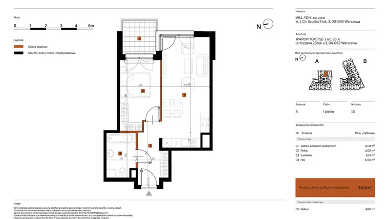 Rzut - Mieszkanie na sprzedaż 2 pokoje o powierzchni 44,1 m² - numer 13 w MY Głębocka