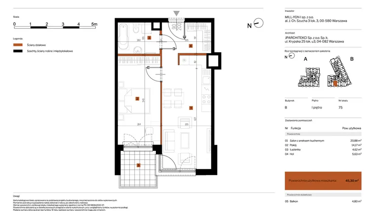 Rzut - Mieszkanie na sprzedaż 2 pokoje o powierzchni 45,3 m² - numer 75 w MY Głębocka