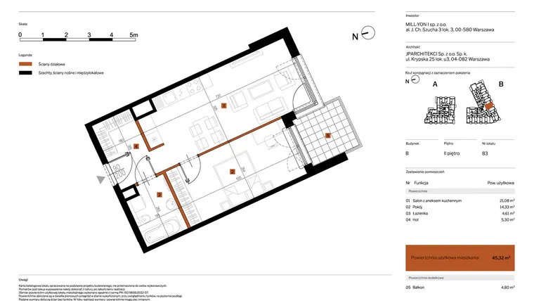 Rzut - Mieszkanie na sprzedaż 2 pokoje o powierzchni 45,32 m² - numer 83 w MY Głębocka