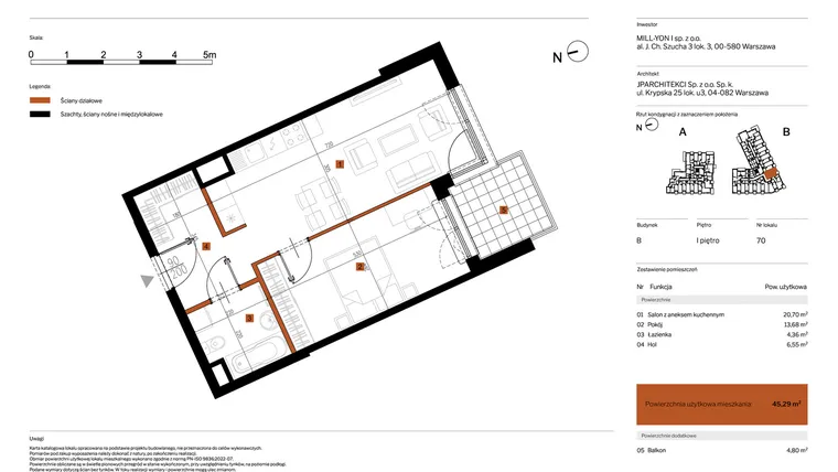 Rzut - Mieszkanie na sprzedaż 2 pokoje o powierzchni 45,29 m² - numer 70 w MY Głębocka