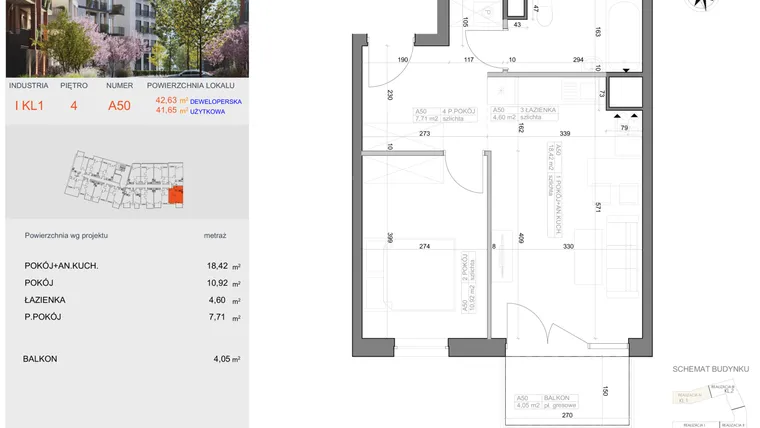 Rzut - Mieszkanie na sprzedaż 2 pokoje o powierzchni 41,65 m² - numer I-A50 w Industria etap I-A