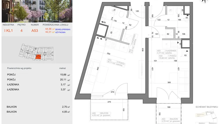 Rzut - Mieszkanie na sprzedaż 2 pokoje o powierzchni 42,31 m² - numer I-A53 w Industria etap I-A