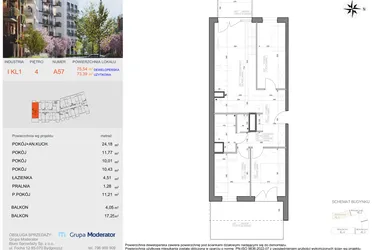 Rzut - Mieszkanie na sprzedaż 4 pokoje o powierzchni 73,39 m² - numer I-A57 w Industria etap I-A