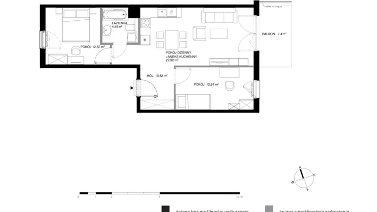Rzut - Mieszkanie na sprzedaż 3 pokoje o powierzchni 63,76 m² - numer U1.3.1 w Nadmorski Dwór bud. U i W