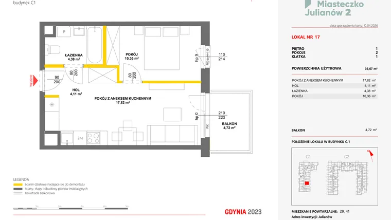 Rzut - Mieszkanie na sprzedaż 2 pokoje o powierzchni 36,67 m² - numer 17 w Miasteczko Julianów etap 2