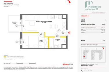 Rzut - Mieszkanie na sprzedaż 2 pokoje o powierzchni 36,73 m² - numer 33 w Miasteczko Julianów etap 2