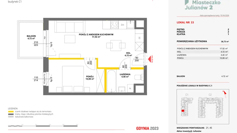 Rzut - Mieszkanie na sprzedaż 2 pokoje o powierzchni 36,73 m² - numer 33 w Miasteczko Julianów etap 2